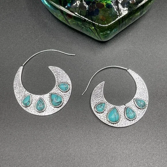 Medium Silver Tone Feather Spiral Earrings in Turquoise Blue #1320 - Picture 12 of 12